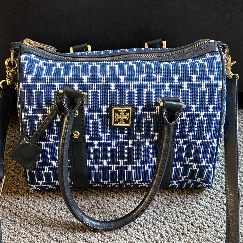 Tory Burch Vintage Navy Cloth and Leather Satchel